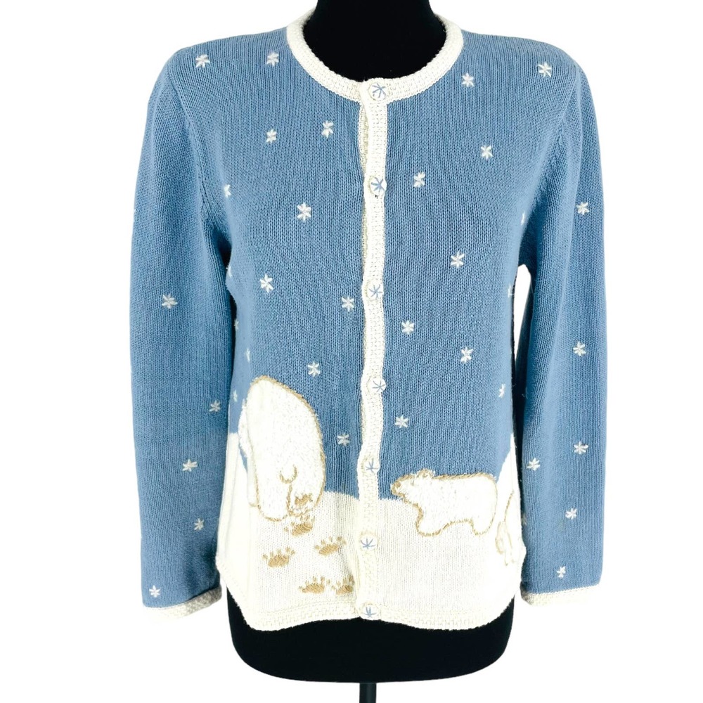Christopher & Banks Womens M Blue Winter Polar Bear Novelty Cardigan Sweater Y2K